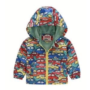 Boys Cartoon Cars Full Print Windbreaker Hooded Jacket NEW Size 4-5 Years